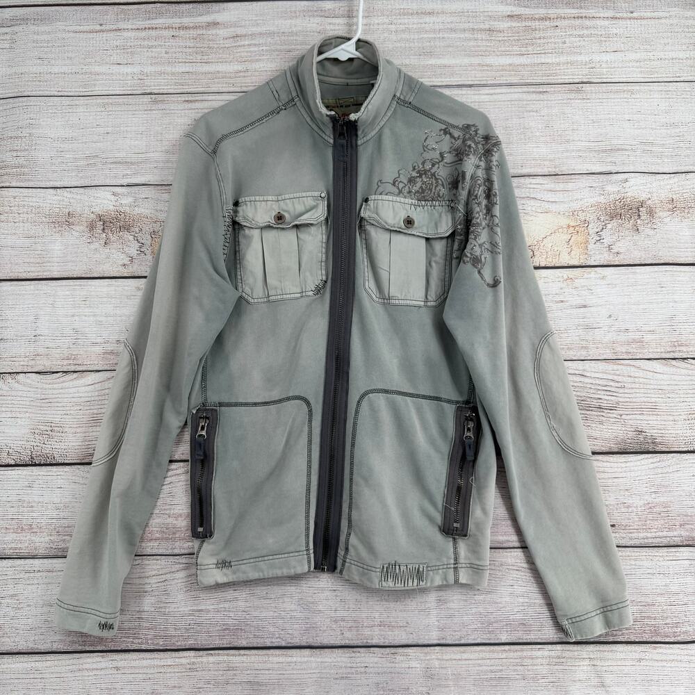 Triple Five Soul Y2K Embroidered Cargo Jacket Mens‎ Large Gray Stretch Full Zip